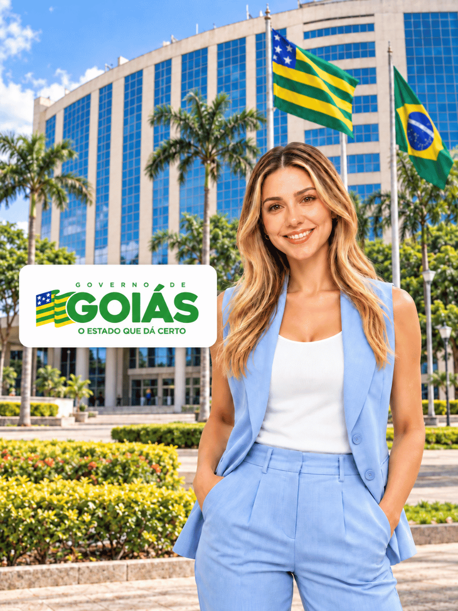 Destaque do logotipo do Governo de Goiás, com uma modelo em frente a sede do governo.